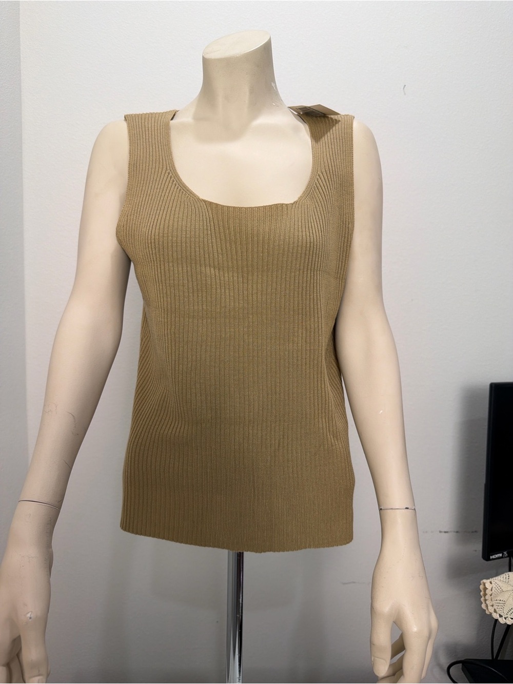 Versail Ribbed Knit Blouse in Camel